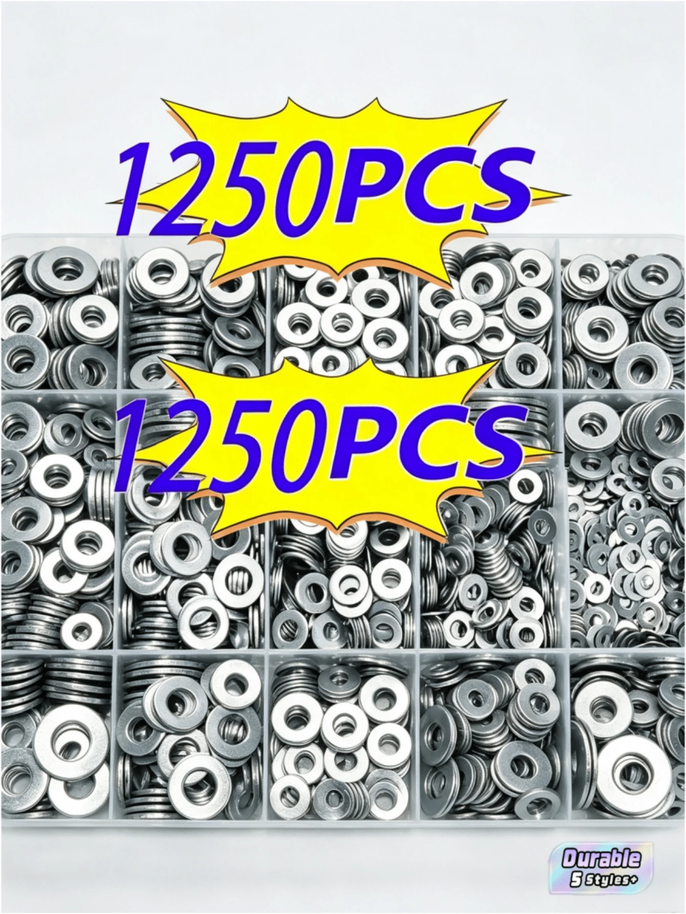 1250 Pieces Flat Washer Assortment Random Box, Sizes M2 M2.5 M3 M4 M5 M6 M8 M10 M12, Ideal For Home Decoration, Factory Repair, Kitchen, Shop & Outdoor Use - silver - View 1