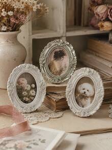 Cirelle 1pc Vintage Oval Mini Photo Frame, Floral Carved Tabletop Picture Frame, Antique Resin Portrait Holder, Vanity Shelf Decor, Vintage Baroque Oval Photo Frame, Embossed Rose Ornate Small Tabletop Picture Frame For Home Decor - default - View 5