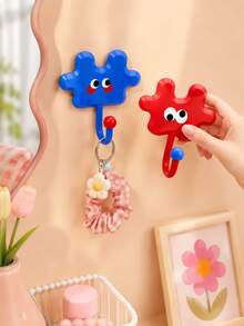 Zazumi 4pcs Cute Cartoon Puzzle Shape Self-Adhesive Wall Hooks, No Drill Colorful Decorative Sticky Hooks For Keys Bags Hanging - default - View 6