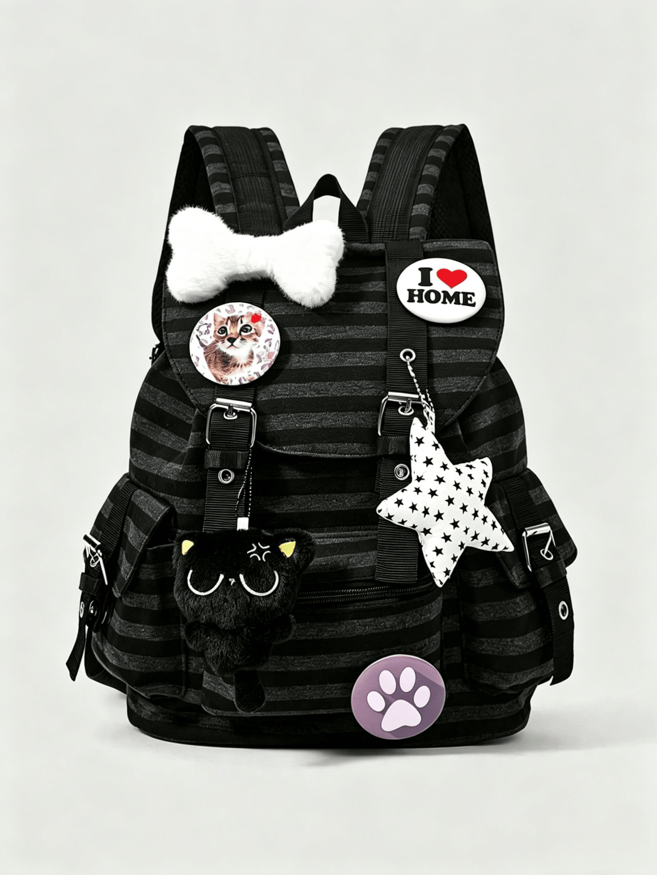 Grunge Punk Unisex Contrasting Stripes, Multi-Pocket Large-Capacity Backpack, Punk Academy Style Bone Cat Letters, Fashionable Casual Backpack, Suitable For Commu