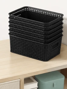 6pcs Black Stackable Plastic Storage Baskets Multipurpose Organizer Bins For Shelves Drawers Desktop Closet Playroom Classroom Office Home Storage - Multicolor - View 2
