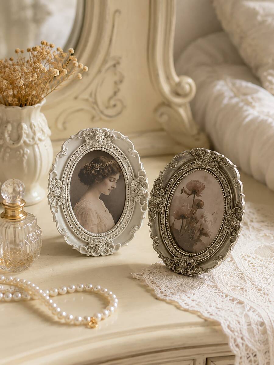 Cirelle 1pc Vintage Oval Mini Photo Frame, Floral Carved Tabletop Picture Frame, Antique Resin Portrait Holder, Vanity Shelf Decor, Vintage Baroque Oval Photo Frame, Embossed Rose Ornate Small Tabletop Picture Frame For Home Decor - default - View 1