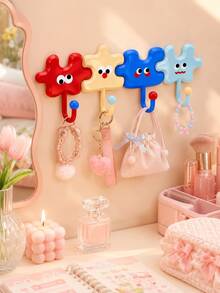 Zazumi 4pcs Cute Cartoon Puzzle Shape Self-Adhesive Wall Hooks, No Drill Colorful Decorative Sticky Hooks For Keys Bags Hanging - default - View 2