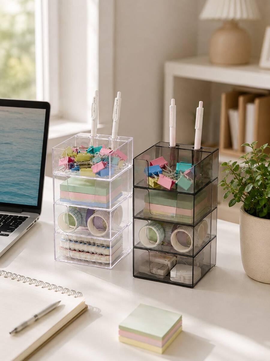 Haus Hana Clear Stackable Desktop Storage Box, Minimalist Stationery & Sundry Organizer For Sticky Notes, Pens, Clips, Cards, Books, Office Supplies, Home Workspace, Desk, Shelf, Bedroom, Daily Organization & Housewarming Gift - Multicolor - View 1
