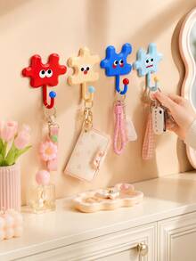 Zazumi 4pcs Cute Cartoon Puzzle Shape Self-Adhesive Wall Hooks, No Drill Colorful Decorative Sticky Hooks For Keys Bags Hanging - default - View 7