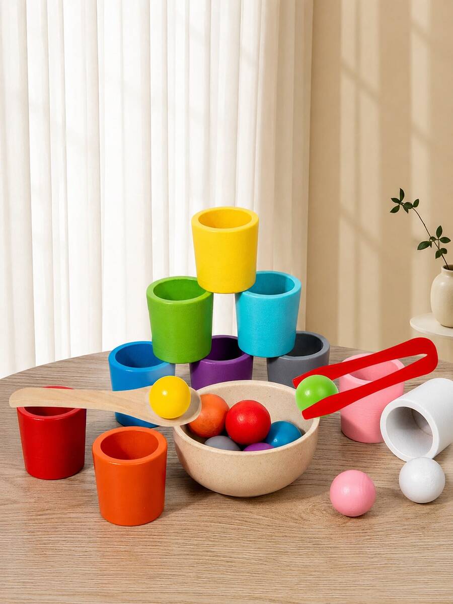MINKOJA 1pc Rainbow Ball Cup Toy, Preschool Wooden Matching Game, Learning Color Sorting And Counting, Fine Motor Early Education Toy, Random Color