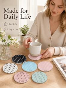 Haus Hana Polka Dot Round Rigid Coaster, Absorbent Quick-Dry Heat Protection Cup Mat & Desktop Drink Pad For Coffee, Tea, Mugs, Dining Table, Kitchen, Office Desk, Living Room, Party, Holiday & Housewarming Gift - Multicolor - View 8