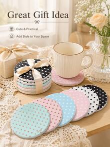 Haus Hana Polka Dot Round Rigid Coaster, Absorbent Quick-Dry Heat Protection Cup Mat & Desktop Drink Pad For Coffee, Tea, Mugs, Dining Table, Kitchen, Office Desk, Living Room, Party, Holiday & Housewarming Gift - Multicolor - View 9
