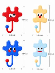 Zazumi 4pcs Cute Cartoon Puzzle Shape Self-Adhesive Wall Hooks, No Drill Colorful Decorative Sticky Hooks For Keys Bags Hanging - default - View 4