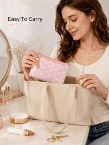 Madebyblanc 1 Buah Tas Kosmetik Kanvas Polkadot, Tas Kosmetik Portabel dengan Resleting dan Tali Pergelangan Tangan, Dompet Penyimpanan Serbaguna Ringan, Organizer Perjalanan Persegi Panjang yang Lucu, Untuk Kosmetik, Alat Tulis, dan Perlengkapan Kecil, Aksesori Penyimpanan Harian untuk Perjalanan dan Liburan - MultiWarna - View 5