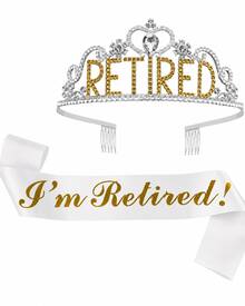 正式退休派對皇冠與披肩套組，鑲鑽合金皇冠配「RETIRED」字樣，黑色金箔緞面披肩，退休慶祝拍照道具配件，適用女性與男性退休派對用品 - 彩色 - 查看 6
