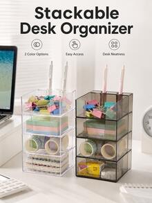 Haus Hana Clear Stackable Desktop Storage Box, Minimalist Stationery & Sundry Organizer For Sticky Notes, Pens, Clips, Cards, Books, Office Supplies, Home Workspace, Desk, Shelf, Bedroom, Daily Organization & Housewarming Gift - Multicolor - View 6