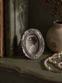 Cirelle 1pc Vintage Oval Mini Photo Frame, Floral Carved Tabletop Picture Frame, Antique Resin Portrait Holder, Vanity Shelf Decor, Vintage Baroque Oval Photo Frame, Embossed Rose Ornate Small Tabletop Picture Frame For Home Decor - default - View 7