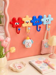 Zazumi 4pcs Cute Cartoon Puzzle Shape Self-Adhesive Wall Hooks, No Drill Colorful Decorative Sticky Hooks For Keys Bags Hanging - default - View 1