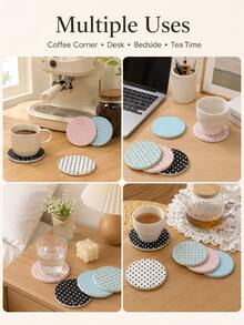 Haus Hana Polka Dot Round Rigid Coaster, Absorbent Quick-Dry Heat Protection Cup Mat & Desktop Drink Pad For Coffee, Tea, Mugs, Dining Table, Kitchen, Office Desk, Living Room, Party, Holiday & Housewarming Gift - Multicolor - View 7