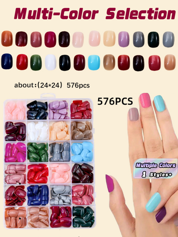 24 Styles 576Pcs Short Square & Oval Press‑On Nails, Solid Color Fake Nails, Multiple Colors Available