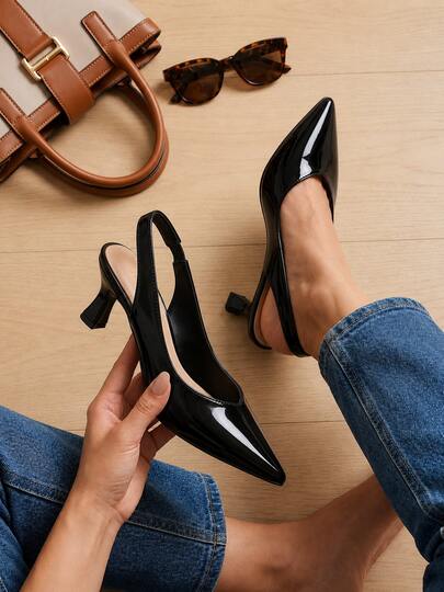 Zapatillas de Charol Negro Punta Picuda con Tacón Cómodo