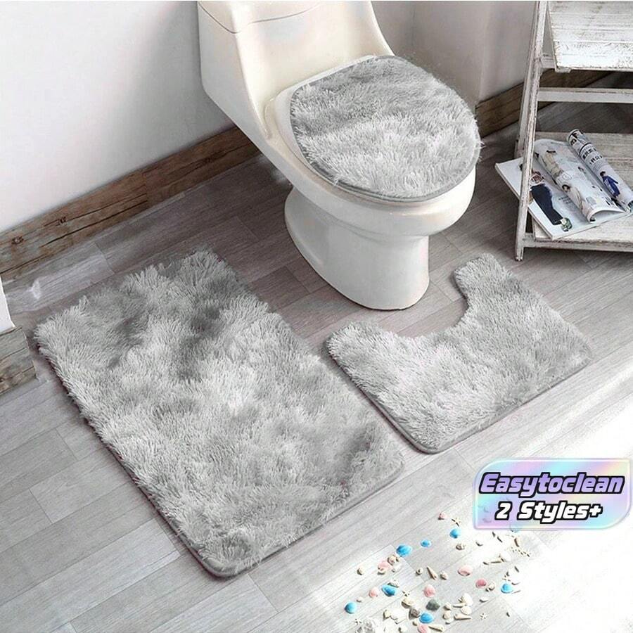 Three Pieces Set Dark Gray Tie-Dyed Plush Toilet Three Pieces Set Floor Mat Non-Slip Toilet Combination Floor Mat Set Non-Slip Decorative Carpet - dark gray - View 1