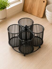 Cirelle 1Pc Black Metal Rotating Storage Basket,Compartment Divided Desk Caddy,Multi‑Function Desktop Organizer,Rotatable Design For Desk Countertop,For Stationery Cutlery Small Items,Desk Accessories,Tabletop Storage,Room Decor,Kitchen Counter Organizer - Black - View 7