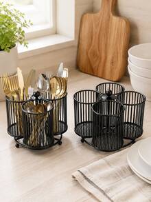 Cirelle 1Pc Black Metal Rotating Storage Basket,Compartment Divided Desk Caddy,Multi‑Function Desktop Organizer,Rotatable Design For Desk Countertop,For Stationery Cutlery Small Items,Desk Accessories,Tabletop Storage,Room Decor,Kitchen Counter Organizer - Black - View 5