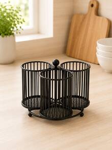 Cirelle 1Pc Black Metal Rotating Storage Basket,Compartment Divided Desk Caddy,Multi‑Function Desktop Organizer,Rotatable Design For Desk Countertop,For Stationery Cutlery Small Items,Desk Accessories,Tabletop Storage,Room Decor,Kitchen Counter Organizer - Black - View 6