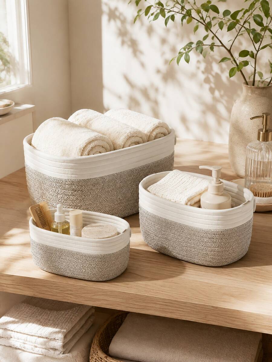 Zazumi Cirelle 1 Piece Minimalist Woven Storage Basket, Boho Geometric Rattan Container For Home And Garden Decoration, Desk Organizer, Bathroom And Cosmetic Storage, Natural Wooden Plant Holder, Bohemian Rope Basket For Small Items - Grey - View 1