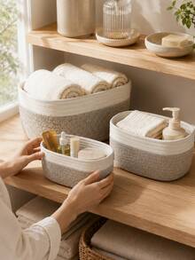 Zazumi Cirelle 1 Piece Minimalist Woven Storage Basket, Boho Geometric Rattan Container For Home And Garden Decoration, Desk Organizer, Bathroom And Cosmetic Storage, Natural Wooden Plant Holder, Bohemian Rope Basket For Small Items - Grey - View 5