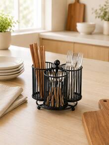 Cirelle 1Pc Black Metal Rotating Storage Basket,Compartment Divided Desk Caddy,Multi‑Function Desktop Organizer,Rotatable Design For Desk Countertop,For Stationery Cutlery Small Items,Desk Accessories,Tabletop Storage,Room Decor,Kitchen Counter Organizer - Black - View 8