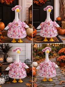 Pink Halloween Porch Goose Outfit For 23 Inch Goose Statue Pumpkin Ghost Print Dress With Matching Hat Fall Yard Lawn Patio Decor(The Goose Statue Is Not Included) - A - View 5