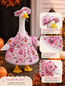 Pink Halloween Porch Goose Outfit For 23 Inch Goose Statue Pumpkin Ghost Print Dress With Matching Hat Fall Yard Lawn Patio Decor(The Goose Statue Is Not Included) - A - View 9