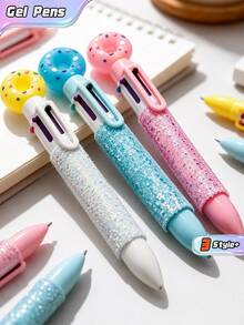6支裝甜甜圈造型多色可伸縮凝膠筆，亮粉筆桿，可愛日系文具，適合手帳記錄、筆記與學校用品 - 多色 - 查看 1