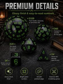 MINKOJA 15pcs Black & Neon Green Multi-Sided RPG Dice Set With Drawstring Storage Bag, D3-D100 Polyhedral Number Dice Collection, High-Contrast Tabletop Gaming Dice For Role-Playing Games, Board Games, Math Activities, Parties & Gifts - Multicolor - View 3