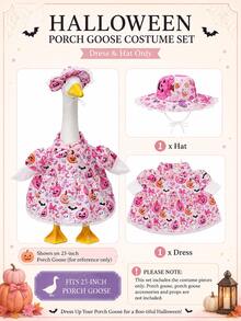 Pink Halloween Porch Goose Outfit For 23 Inch Goose Statue Pumpkin Ghost Print Dress With Matching Hat Fall Yard Lawn Patio Decor(The Goose Statue Is Not Included) - A - View 4