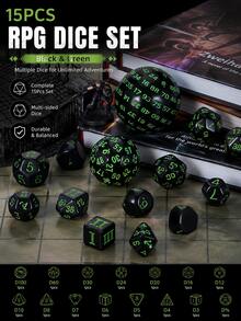 MINKOJA 15pcs Black & Neon Green Multi-Sided RPG Dice Set With Drawstring Storage Bag, D3-D100 Polyhedral Number Dice Collection, High-Contrast Tabletop Gaming Dice For Role-Playing Games, Board Games, Math Activities, Parties & Gifts - Multicolor - View 2