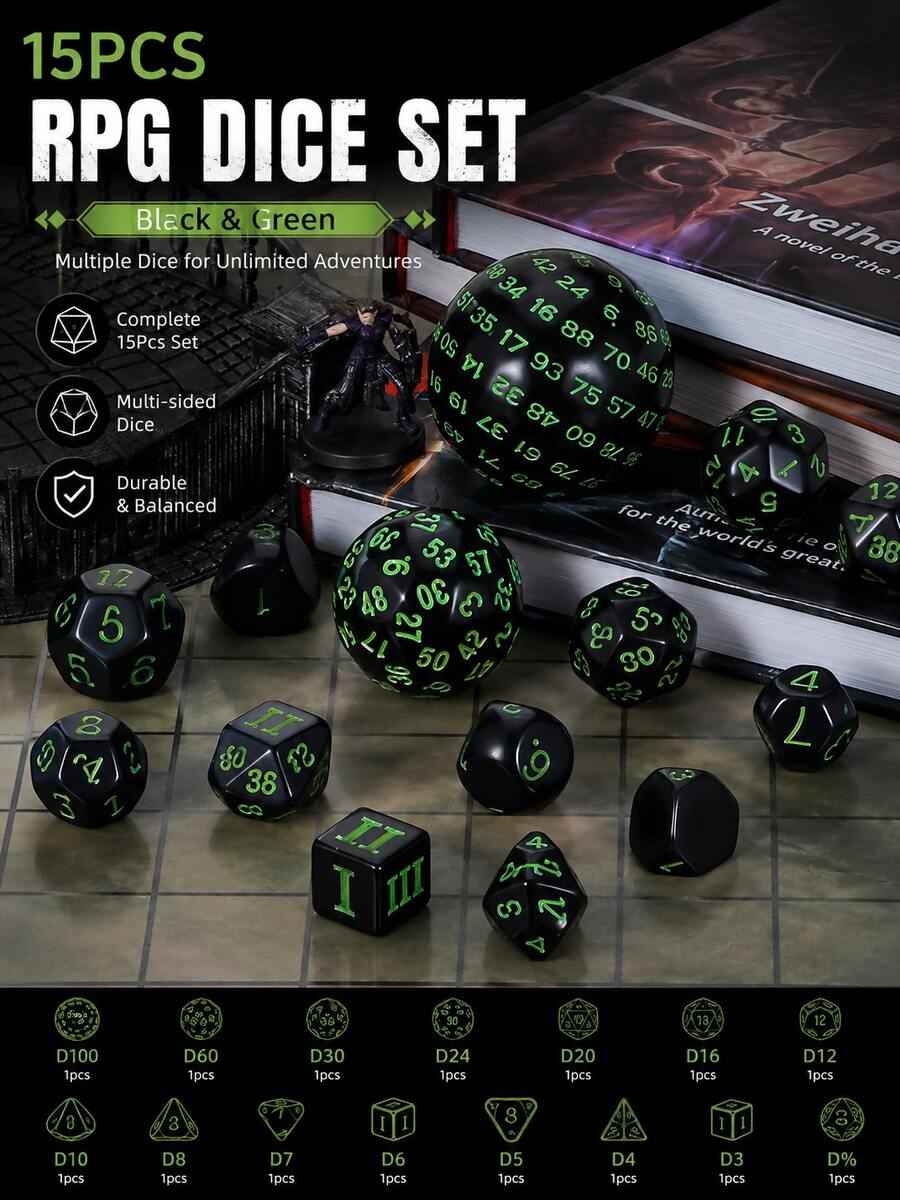 MINKOJA 15pcs Black & Neon Green Multi-Sided RPG Dice Set With Drawstring Storage Bag, D3-D100 Polyhedral Number Dice Collection, High-Contrast Tabletop Gaming Dice For Role-Playing Games, Board Games, Math Activities, Parties & Gifts