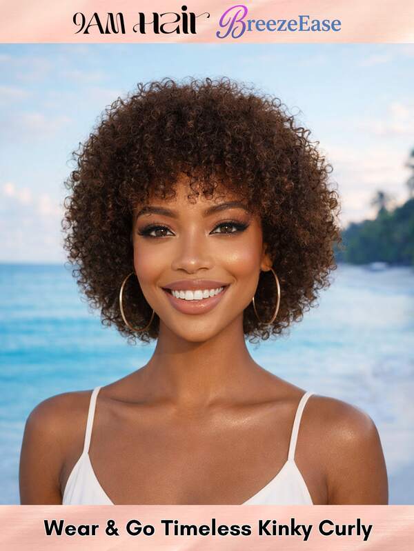 BreezeEase Dark Brown Kinky Curly Human Hair Wigs Glueless Install With Bangs For Women, Chocolate Brown Curly Wave Pixie Cut Wig Human Hair, Jerry Curl None Lace Wigs Human Hair Wear & Go For Beginner Friendly 9AM Hair Cosplay Prom Y2K Ss26
