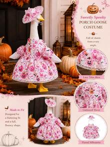 Pink Halloween Porch Goose Outfit For 23 Inch Goose Statue Pumpkin Ghost Print Dress With Matching Hat Fall Yard Lawn Patio Decor(The Goose Statue Is Not Included) - A - View 10