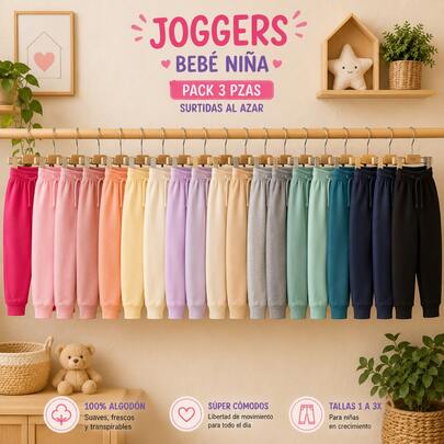 Set de 3 jogger beba colores surtidos al azar 1-3x 100% algodon super frescos comodos combinables.