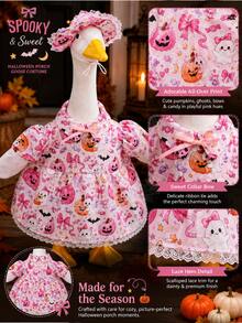 Pink Halloween Porch Goose Outfit For 23 Inch Goose Statue Pumpkin Ghost Print Dress With Matching Hat Fall Yard Lawn Patio Decor(The Goose Statue Is Not Included) - A - View 8