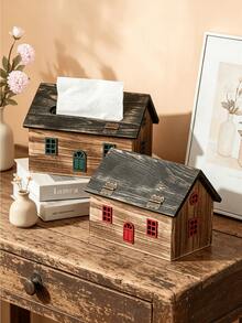 1PC Wooden Retro House Shape Tissue Box Cover Napkin Holder Organizer Vintage Decorative Storage Container For Living Room Bedroom Hotel Office Tabletop Home Decor Rustic Farmhouse Style Gift - Multicolor - View 5