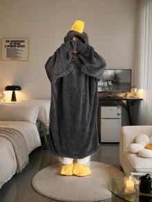 2Pcs Oversized Hooded Blanket Parka – Ultra Warm Down Alternative Wearable Blanket With Pockets, Soft Flannel Sherpa Lined Robe, Cozy Lounge Wear Gift Set With Slippers - Multicolor - View 8