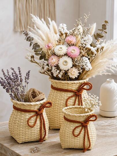 Haus Hana 1pc 10/12/15cm Handmade Bamboo Woven Fish Basket, Rustic Chinese Style Mini Storage Basket With Rope Tie, Lightweight Portable Basket For Hanfu Cosplay, Dance Performance, Tea Picking, Photo Prop, Home Decor & Gift