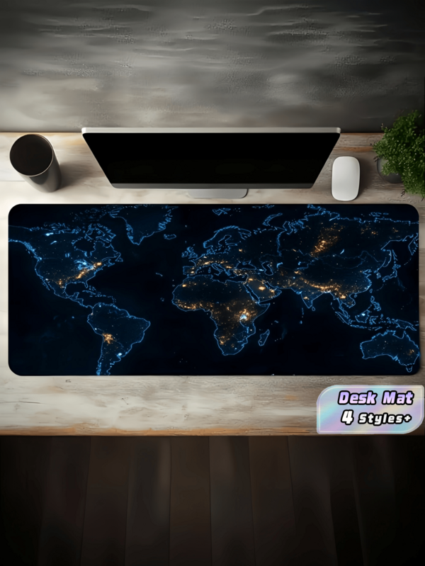 1pc Large Gaming Mouse Pad With Illuminated World Map - Non-Washable Surface, Extra Large Desk Mat, Suitable For Computer, Office And Gaming - Navy Blue Base, Golden Continent Pattern
