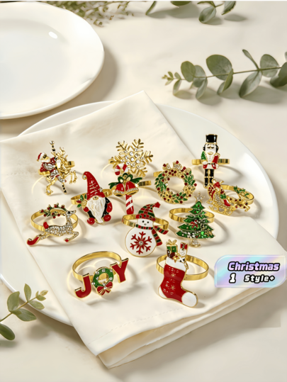 Juego de 12 piezas de anillos para servilletas con diseños de árbol de Navidad, reno, corona, campana, bastón de caramelo y copo de nieve, de metal elegante, duradero y resistente a la oxidación, para decoración de mesa en hotel, restaurante, hogar y fiesta
