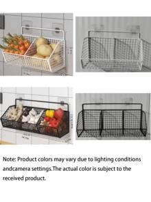 Durable Metal Wall-Mounted Kitchen Basket Rack, Multi-Functional Kitchen Storage Organizer, Can Hang Spices, Garlic, Onions, Vegetables, Effectively Improve Kitchen Space Utilization And Reduce Clutter - Black - View 2