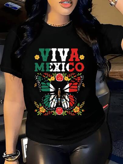 playera manga corta fresca y comoda con diseño de viva mexico mariposas