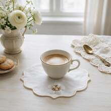 Cirelle 2pcs White Scalloped Coasters With Pearl Flower Decor, Elegant Fabric Cup Mats For Drinks, Vintage Coasters Set For Coffee Table Dining Room Kitchen Home Decor - Multicolor - View 9