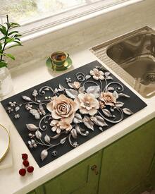 1pc 3D Floral Pattern Absorbent Drying Mat, New Waterproof Kitchen Counter Drying Pad, Soft Silicone Slip-Resistant Quick-Dry Mat For Kitchen, Suitable For Coffee Makers And More - Multicolor - View 4