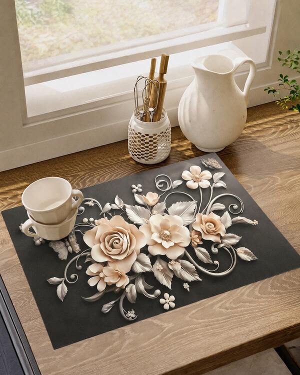 1pc 3D Floral Pattern Absorbent Drying Mat, New Waterproof Kitchen Counter Drying Pad, Soft Silicone Slip-Resistant Quick-Dry Mat For Kitchen, Suitable For Coffee Makers And More