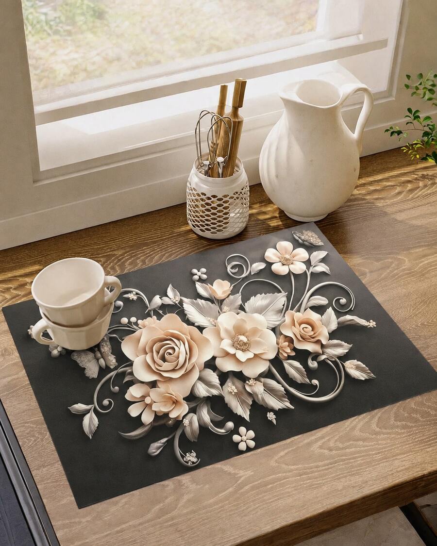 1pc 3D Floral Pattern Absorbent Drying Mat, New Waterproof Kitchen Counter Drying Pad, Soft Silicone Slip-Resistant Quick-Dry Mat For Kitchen, Suitable For Coffee Makers And More - Multicolor - View 1